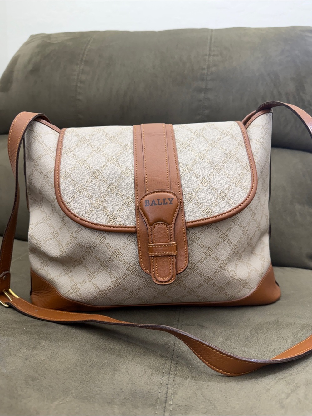 Bally Vintage Coated Canvas Saddle Shoulder Bag Cognac Leather Flap⁠ w/COA